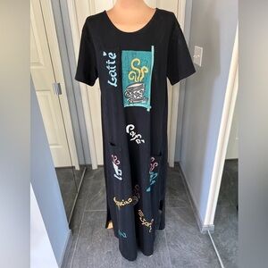 Vintage Coffee Barista Themed Black Cotton Maxi Dress Artsy Funky
